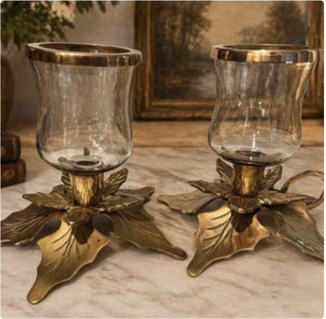 Vintage Brass Leaf Candle Holders