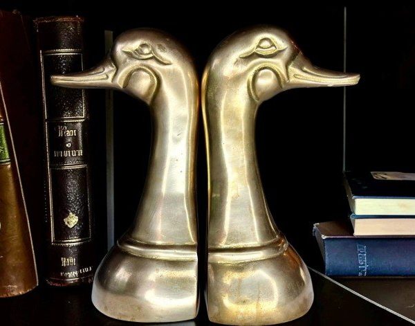 Vintage Solid Brass Duck Head Bookends – Pair | Mid-Century Modern | Heavy Goose Book Ends | Hollywood Regency Decor