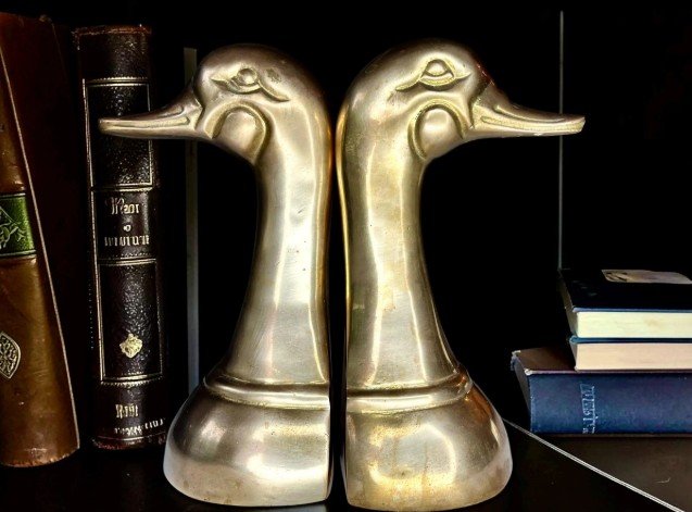 Vintage Solid Brass Duck Head Bookends – Pair