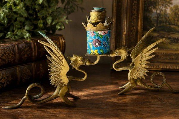 Rare Antique Brass Griffin Candlestick Pair with Hand-Painted Floral Ceramic Inserts | French Style Winged Dragon | Early 1900