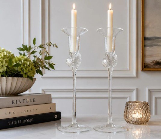 Vintage Holmegaard Neptune Candlestick Pair: Danish Art Glass, Scandinavian Modern Candle Holders