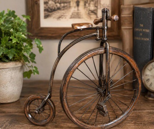 Vintage Penny Farthing Bicycle Sculpture Wrought Iron Wood High Wheel Bicycle Handmade Rustic Tabletop Decor 13 Tall
